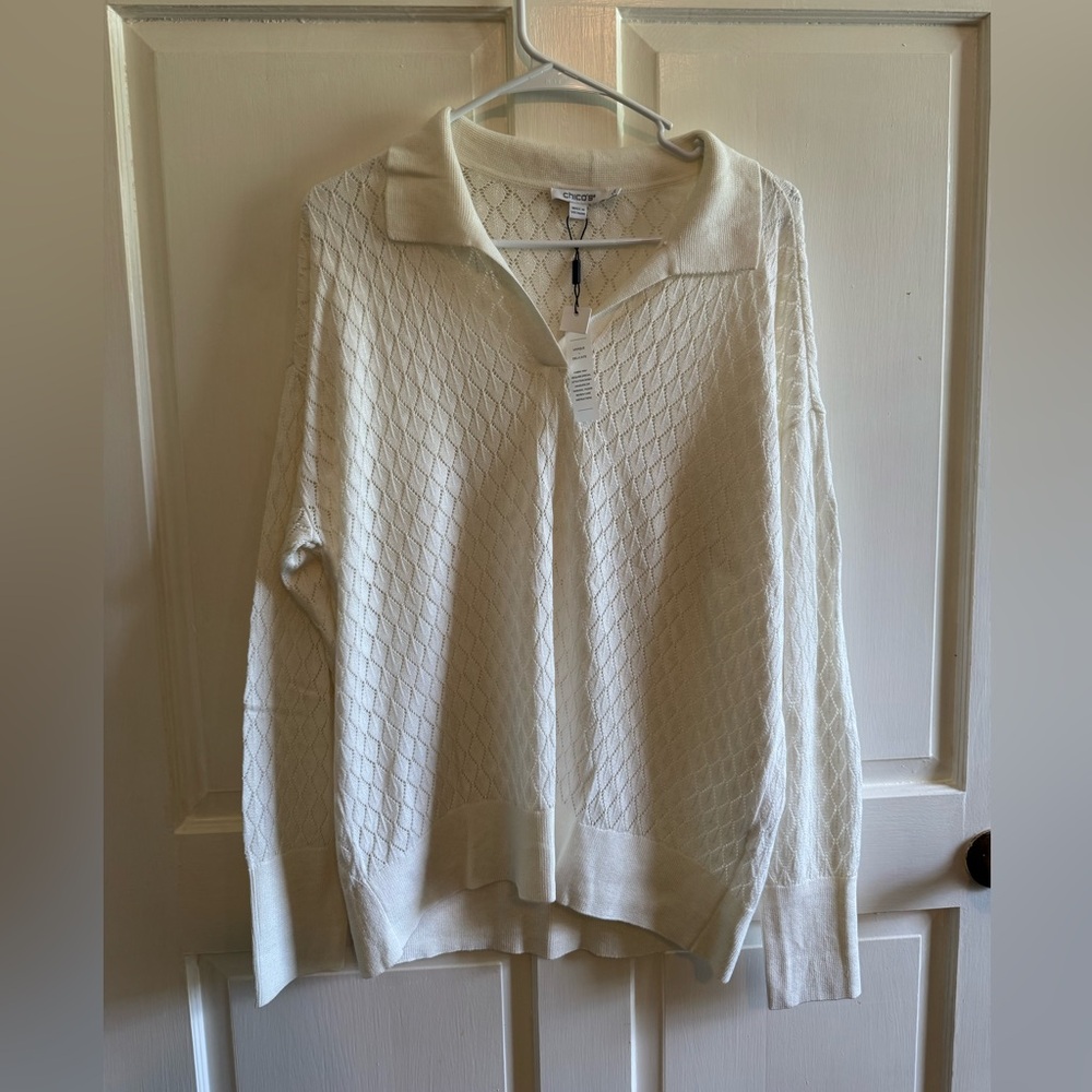 Chico's Cream Open-Knit V-Neck Polo Sweater
